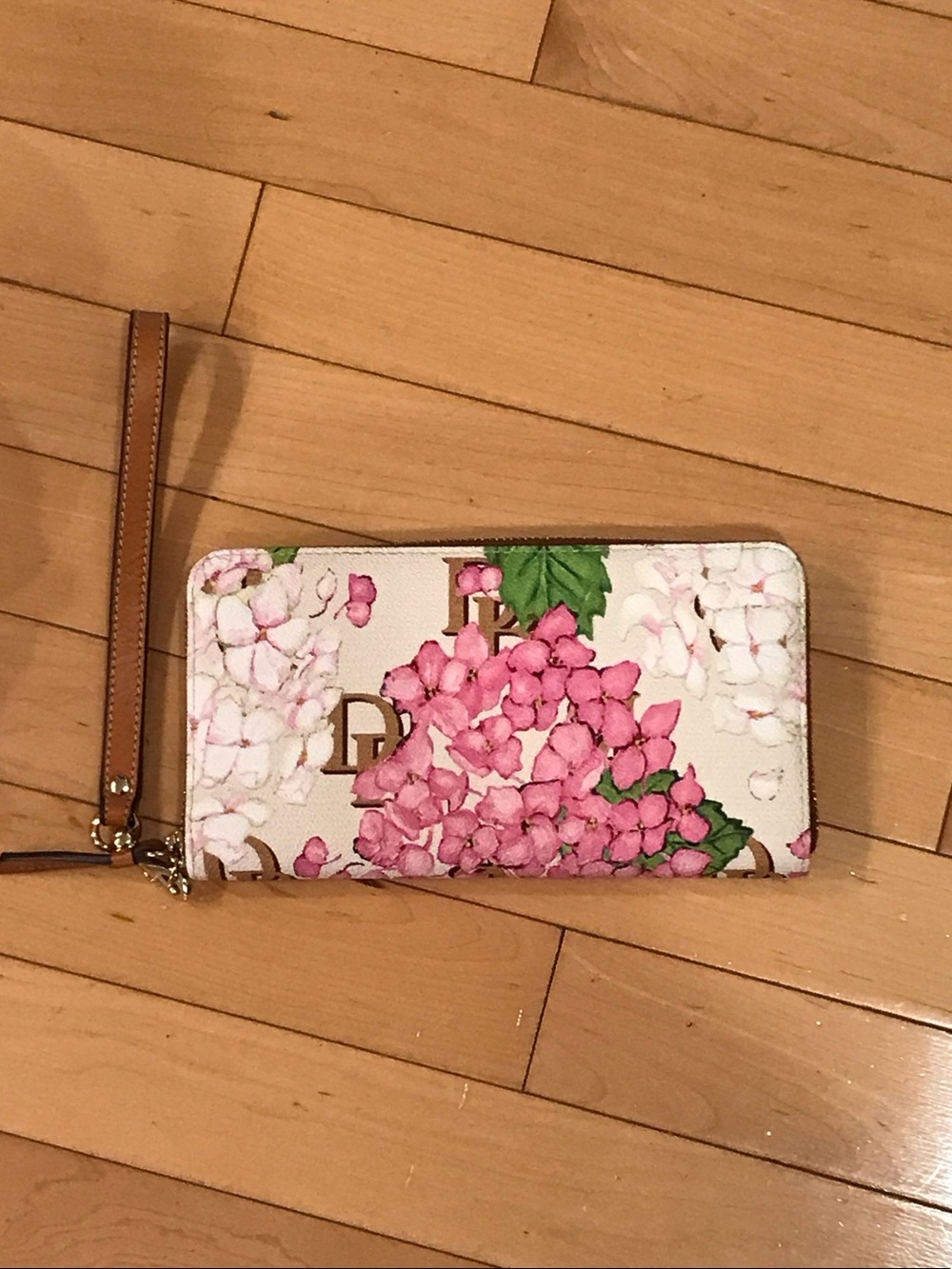 Dooney & Bourke Pink Floral Hydrangea Zip Wallet with Tan Wrist Strap
